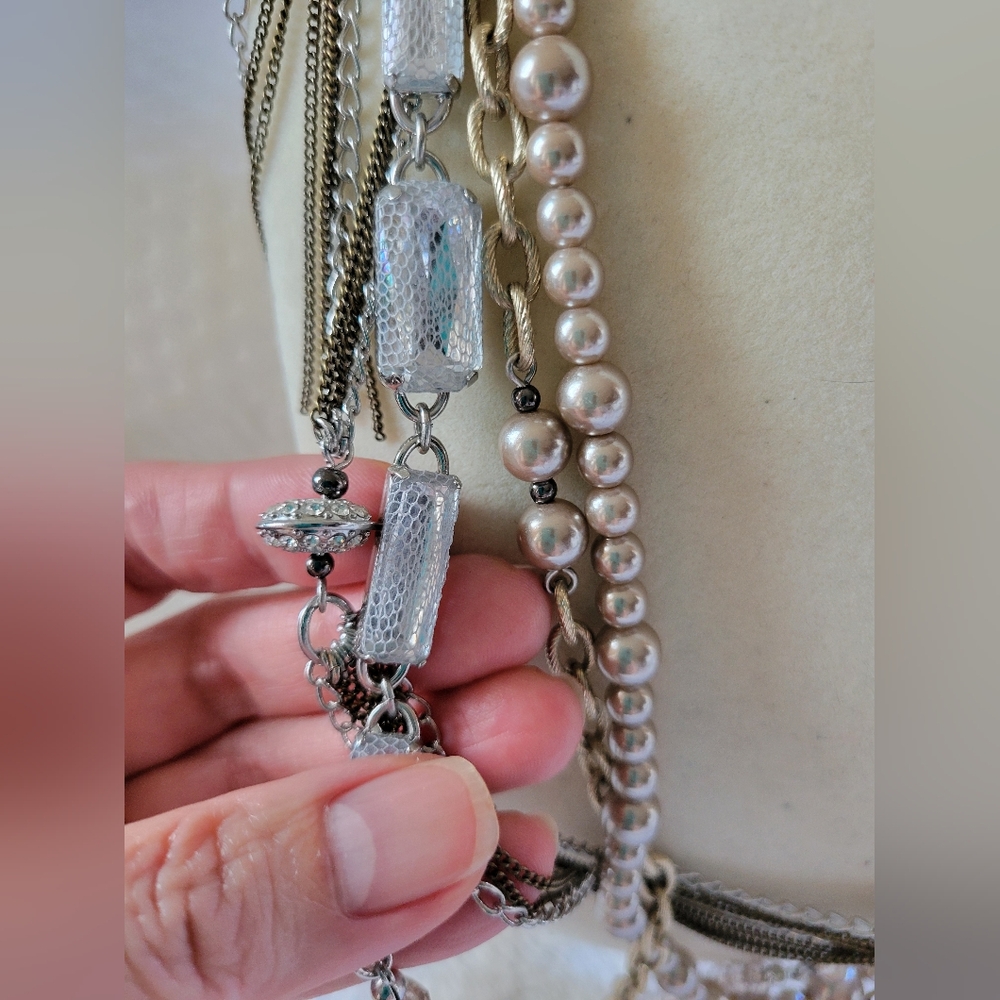 LOFT | Long Silver Tone Crystal Faux Pearl Layered Statement Necklace - Picture 8 of 13